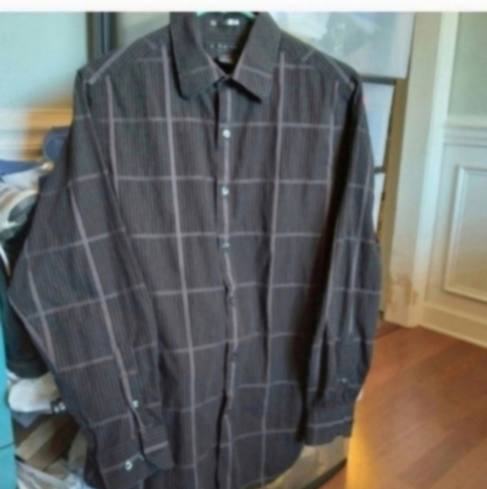 Ferrari Modern Fit Men's M  Black and GrayPlaidButton-Up Shirt Dressy Office EUC